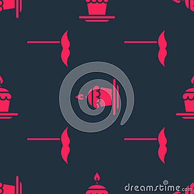 Set Paper mustache on stick and Cake with burning candles on seamless pattern. Vector Vector Illustration