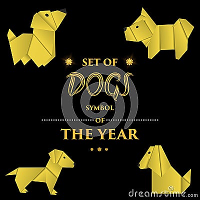 Set of paper origami dogs. Symbol of the year 2018. Vector Illustration