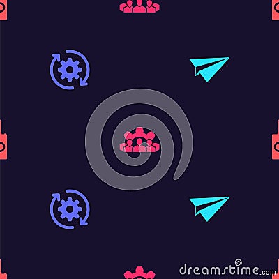 Set Paper plane, Gear and arrows as workflow, Project team base and Remote control on seamless pattern. Vector Vector Illustration