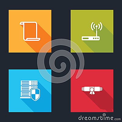 Set Paper scroll, Router and wi-fi, Server with shield and Diploma rolled icon. Vector Vector Illustration