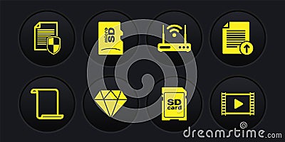 Set Paper scroll, Upload file, Diamond, SD card, Router and wi-fi and Micro memory icon. Vector Vector Illustration