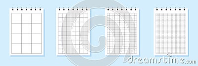 Set of paper sheets of notebook or copybook with shadow. Memo note pads or diary with lined and squared paper page Vector Illustration