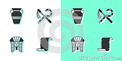 Set Papyrus scroll, Egyptian vase, pharaoh and Crook and flail icon. Vector Vector Illustration