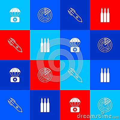 Set Parachute with first aid kit, Radar targets, Biohazard rocket and Bullet icon. Vector Vector Illustration