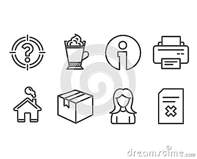 Parcel, Latte coffee and Woman icons. Printer, Headhunter and Delete file signs. Vector Illustration