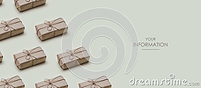 Set of parcels wrapped in craft paper and tie threads. Gift box pattern. Online shopping. Gray background. Web article template. Stock Photo