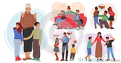 Set of Parents Mediate Between Squabbling Siblings, Urging Empathy And Sharing, Fostering Understanding And Compromise Vector Illustration