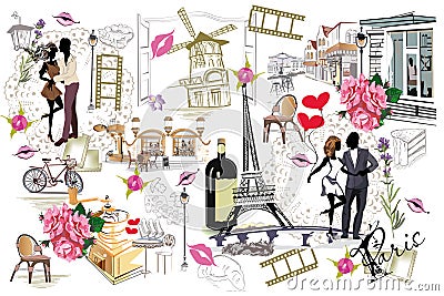 Set of Paris illustrations with fashion girls, cafes and musicians. Vector Illustration