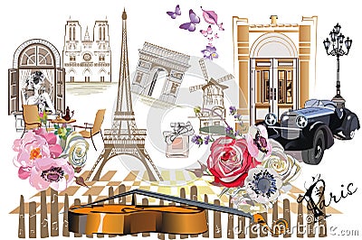 Set of Paris illustrations with Paris symbols. Vector Illustration