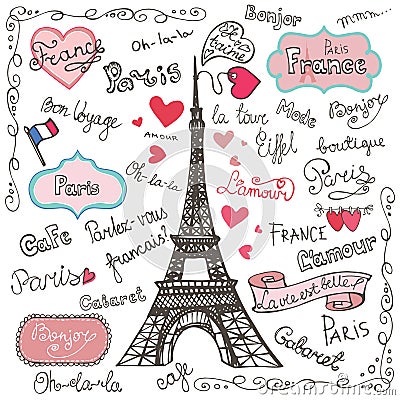 Set of Paris symbols,lettering.Hand drawn doodle Vector Illustration