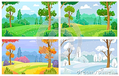 Set of park vector backgrounds in four seasons: winter, spring, summer, and fall Vector Illustration