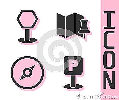Set Parking, Road traffic sign, Compass and Folded map with push pin icon. Vector Vector Illustration