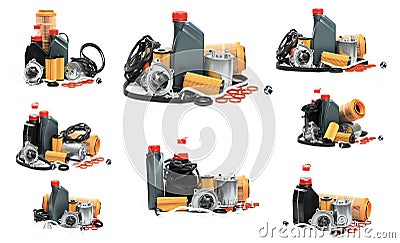 Set of parts for scheduled car maintenance.Oil , air , fuel filter, Water pumps motor, belt car engine for car on white Stock Photo