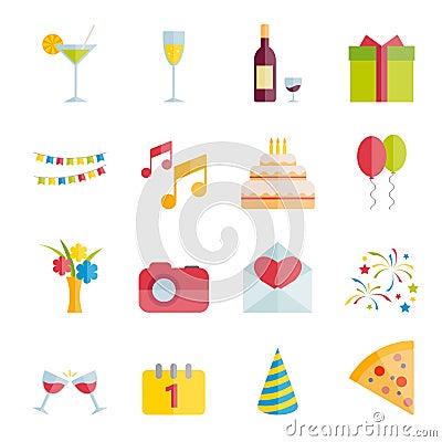 Set of party and celebration vector flat icons Vector Illustration