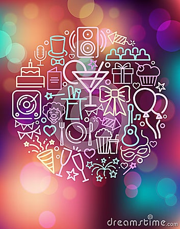 Set of Party Related Vector Line Icons in the form of a circle on the Colorful background with defocused lights Vector Illustration