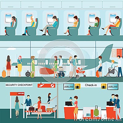 Set of Passenger airline at airport terminal . Vector Illustration