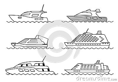 Set of passenger ships. Sea transportation liners. Yachts set. Vector Illustration