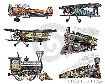 Set of passenger train and airplanes corncob or plane aviation travel illustration. engraved hand drawn in old sketch Vector Illustration