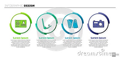 Set Passport, Snorkel, Rubber flippers and Photo camera. Business infographic template. Vector. Vector Illustration