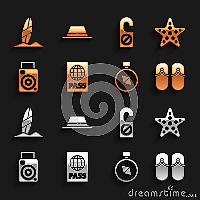 Set Passport, Starfish, Flip flops, Compass, Photo camera, Please do not disturb, Surfboard and Man hat with ribbon icon Vector Illustration