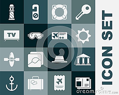 Set Passport with visa stamp, Museum building, Sun, Lifebuoy, Ski goggles, Smart Tv, Lighthouse and Airline ticket icon Vector Illustration