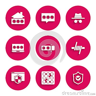 Set Password protection, Graphic password, Shield with check mark, Barbed wire, Browser shield, Laptop, Incognito mode Vector Illustration