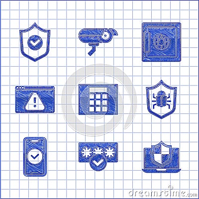 Set Password protection, Laptop protected with shield, System bug, Smartphone, Browser exclamation mark, Safe and Shield Vector Illustration
