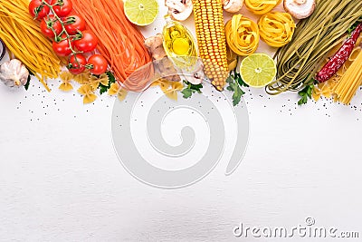 Set of pasta, noodles, spaghetti. Italian cooking, fresh vegetables and spices. On a white background. Stock Photo