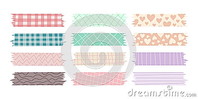 Set of pastel decorative patterned pieces of adhesive tape. Colorful patterned washi tape strips, cute scotch tapes Vector Illustration
