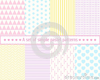 Set pastel seamless patterns. Gentle, simple, concise patterns. Pastel colors, pink, blue, yellow pattern. Vector Illustration