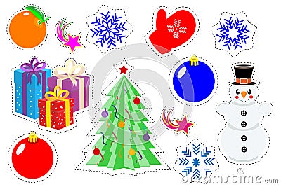 Set patch of Christmas stickers. Cartoon funny pop art stickers. Modern doodle sketch. Isolated on white background. Vector Vector Illustration