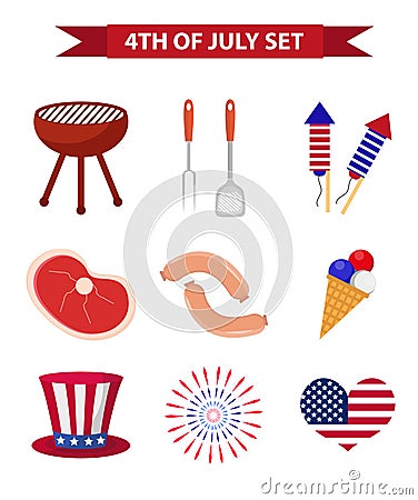 Set of patriotic icons Independence Day of America. July 4th collection of design elements, isolated on white background Vector Illustration