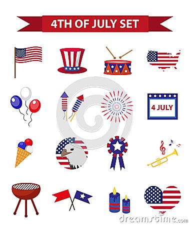 Set of patriotic icons Independence Day of America. July 4th collection of design elements, isolated on white background Vector Illustration