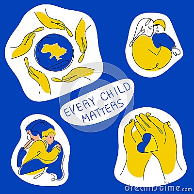 Set of patriotic stickers of Ukrainian illustration with woman's, kids, hands in tradition colors. Vector Vector Illustration