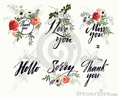 Set of pattern, bouquets and flowers. Greeting cards Vector Illustration