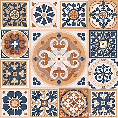 Portuguese floor ceramic tiles azulejo design, mediterranean pattern Vector Illustration