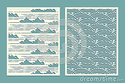 Set template for cutting. Patterns marine waves. Oriental style scenery Metal cutting or wood carving, panel design, stencil for Vector Illustration