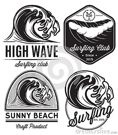 Set of patterns for design logos on the theme of water, surfing, ocean, sea Vector Illustration