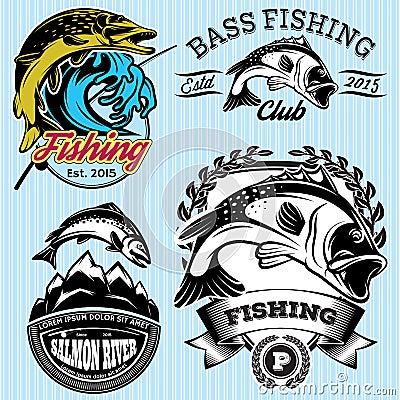 Set of patterns with emblems for fishing with pike, salmon, bass Vector Illustration