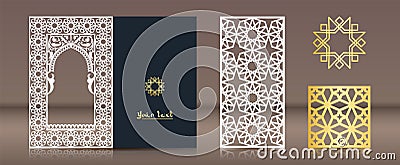 A set of patterns for laser cutting. Postcard, bookmark, gold medallion in oriental traditional style. Elements of Vector Illustration