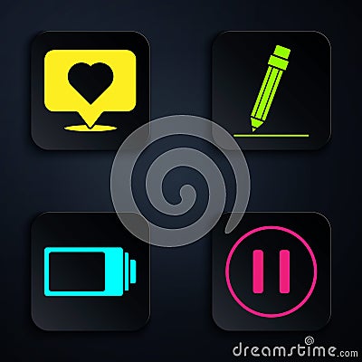 Set Pause button, Like and heart, Battery charge level indicator and Pencil with eraser. Black square button. Vector Vector Illustration