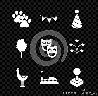 Set Paw print, Carnival garland with flags, Party hat, Riding kid duck, Bumper car, Joystick for arcade machine, Cotton Vector Illustration