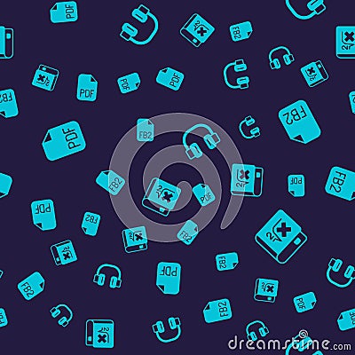 Set PDF file document, FB2 File, Headphones and Book with mathematics on seamless pattern. Vector Vector Illustration