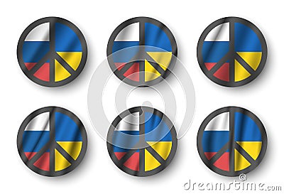 Set of Peace symbols with russia and ukraine waving flag . The Campaign for Nuclear Disarmament CND Sign . Flat design . Vector Illustration