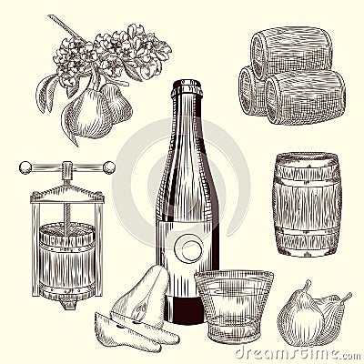 Set of pear cider. Harvest pear, press, barrel, glass and cider bottle. Craft fruit beer collection Vector Illustration