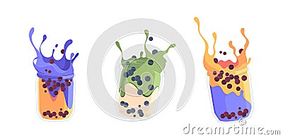 Set Of Pearl Milk Tea Burst, Boba Yummy Beverages In Glass Or Plastic Cups. Bubble Tea Or Coffee Drink With Tapioca Vector Illustration