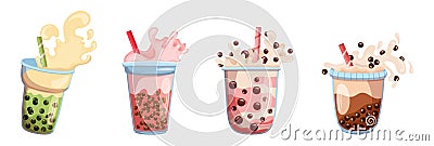 Set Of Pearl Milk Tea Burst, Boba Yummy Beverages In Glass Or Plastic Cups Graphic Design Collection. Bubble Tea, Coffee Vector Illustration
