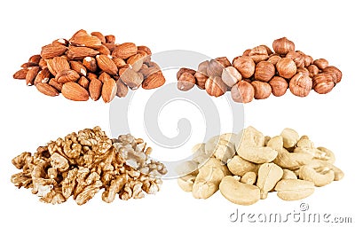 Set of peeled filbert, almonds, cashew Stock Photo