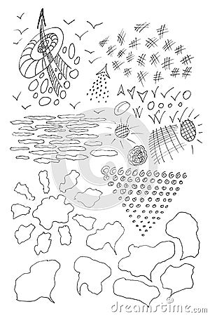 Set of pen-drawn linear shapes. Black dots, curved lines, arrows, circles, check marks on a white background. Stock Photo