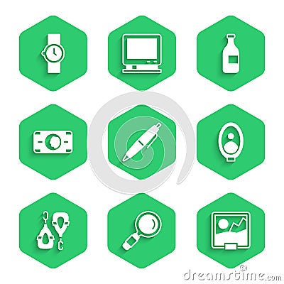 Set Pen, Magnifying glass, Picture, Portrait picture museum, Earrings, Stacks paper money cash, Bottle of wine and Wrist Vector Illustration